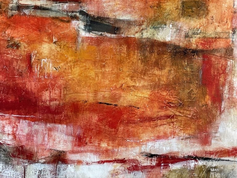 Abstract painting with broad brushstrokes in warm tones of red, orange, and yellow, accented with white and black patches. The texture is rough and layered.
