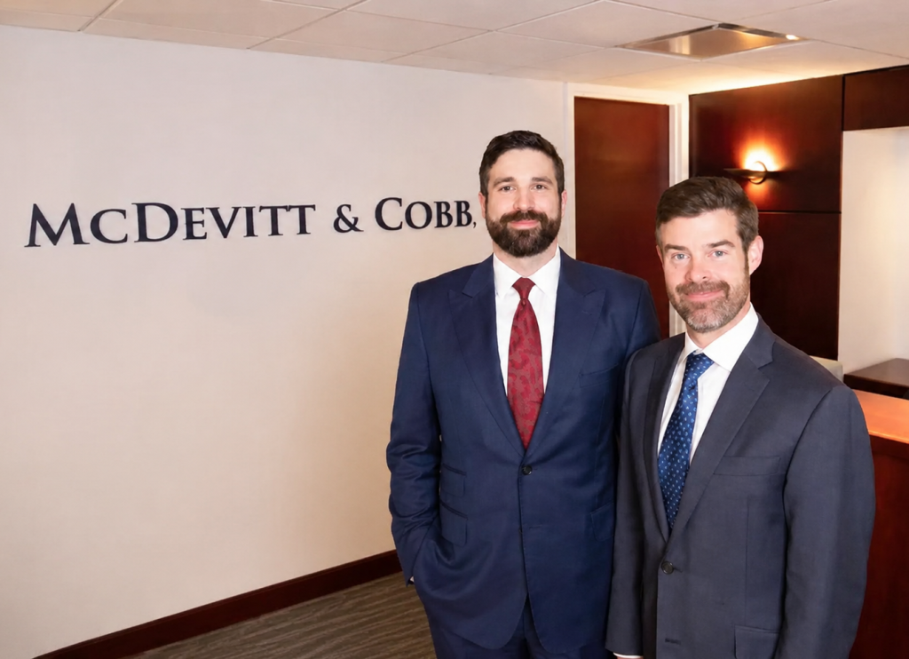 Two men in suits stand in an office lobby with "McDevitt & Cobb" written on the wall behind them.