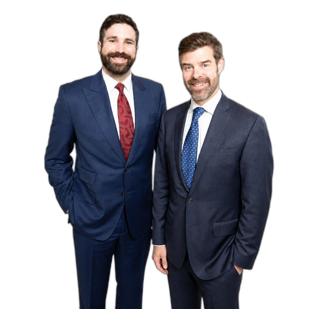 Two men wearing suits and ties stand side by side, smiling, against a plain white background.