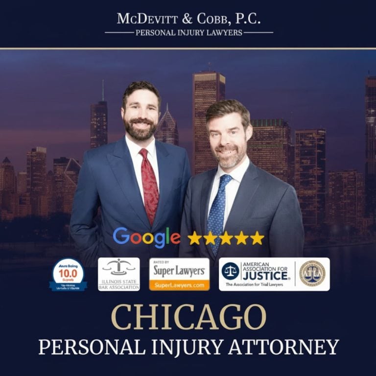 Two men in suits stand in front of a city skyline backdrop with law firm logos, Google 5-star rating, and text reading "Chicago Personal Injury Attorney.