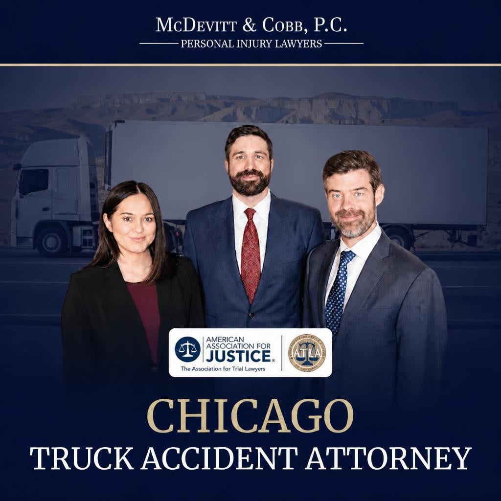 Three attorneys in business attire stand in front of a truck image with text promoting McDevitt & Cobb, P.C. as Chicago truck accident attorneys.
