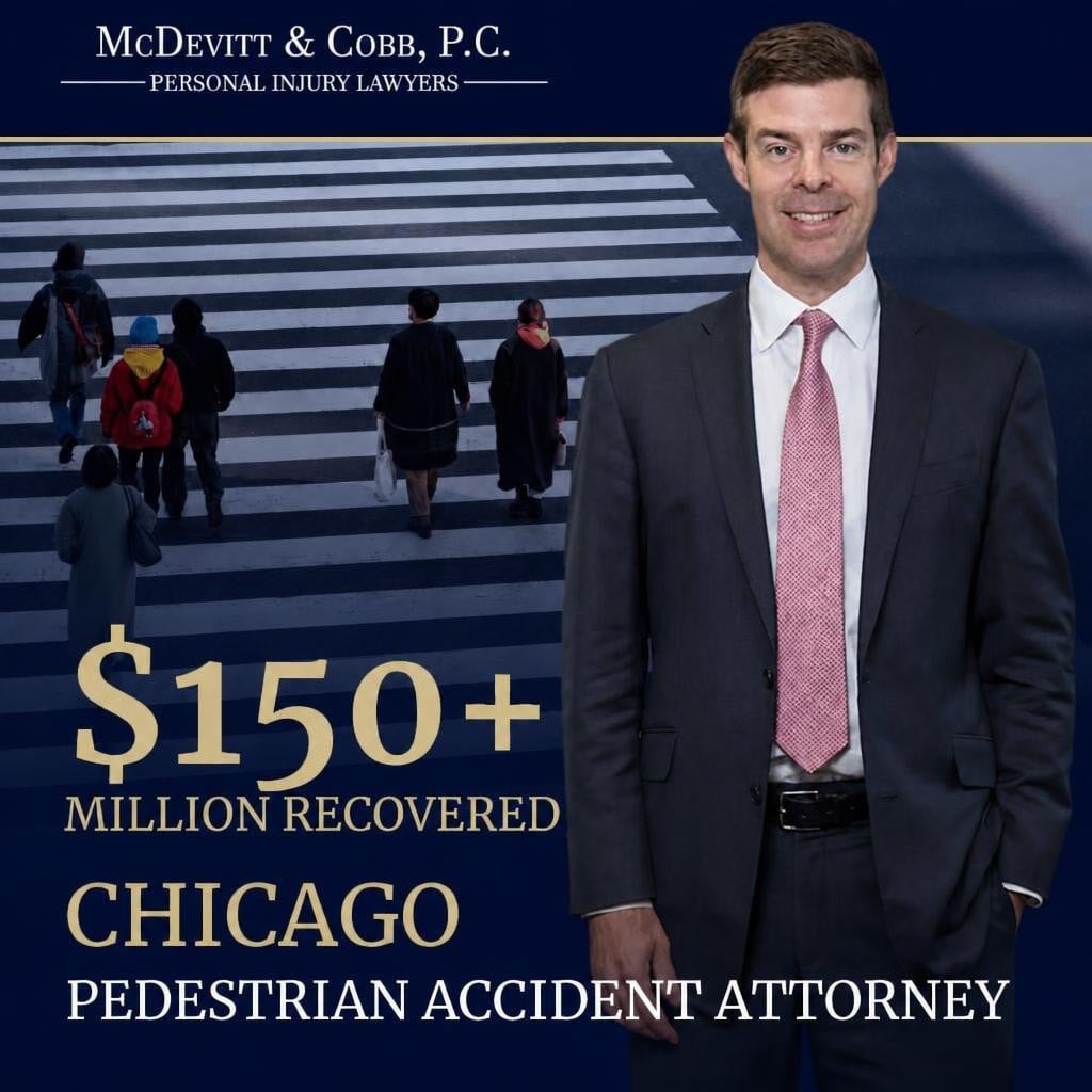A man in a suit stands in front of a crosswalk with pedestrians. Text reads: "$150+ million recovered. Chicago pedestrian accident attorney. McDevitt & Cobb, P.C. Personal Injury Lawyers.