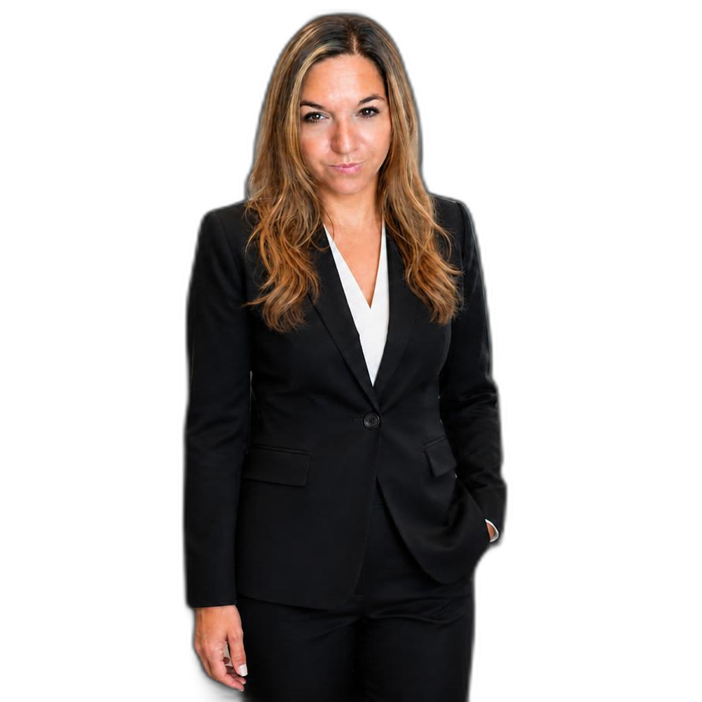 A woman with long brown hair wearing a black suit and white blouse stands against a plain white background, with one hand in her pocket.