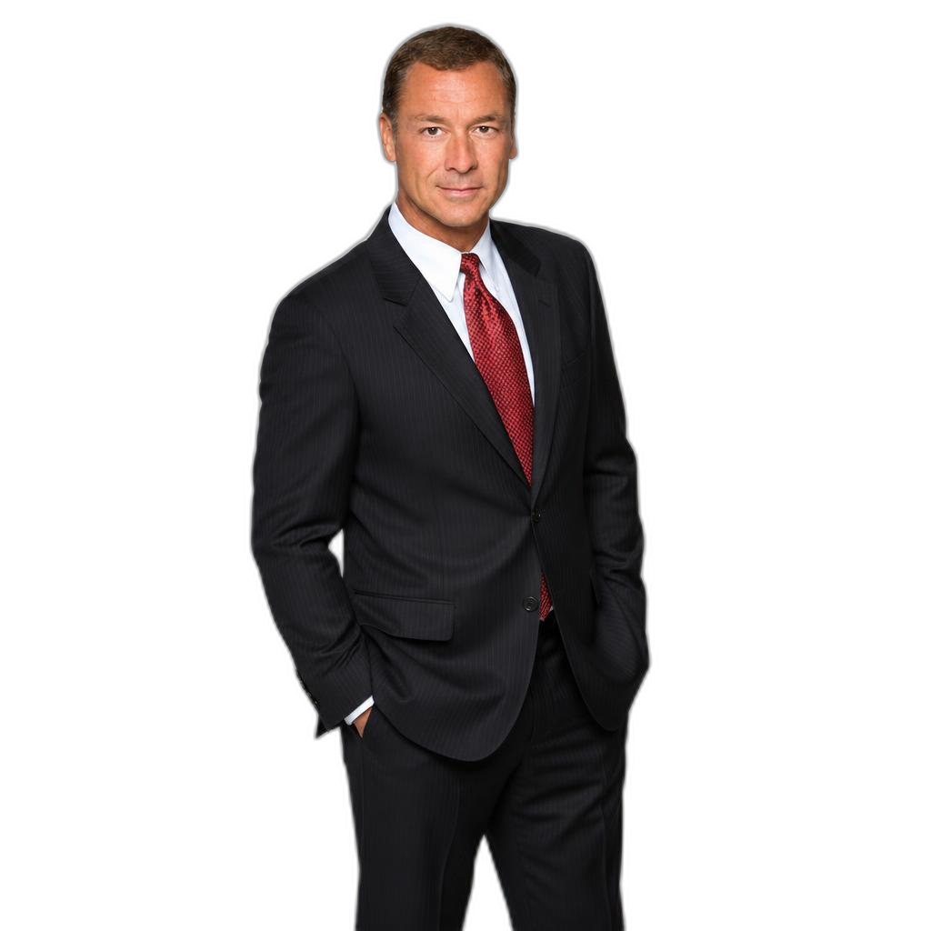 A man in a black business suit with a red tie stands with hands in his pockets against a plain white background.