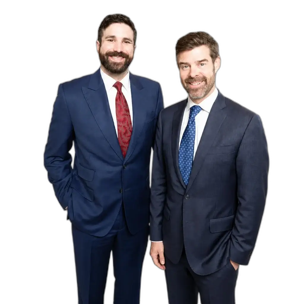Two men wearing suits and ties stand side by side, smiling, against a plain white background.
