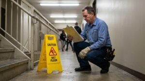 building services worker with clipboard crouching beside caution wet floor sign in hallway