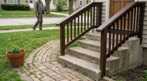 concrete residential front steps with wooden railing and brick pathway outside home