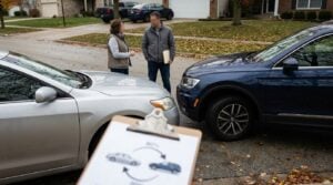 two people discussing accident scene beside collision-damaged vehicles with clipboard diagram