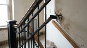 deteriorated staircase railing detached from cracked crumbling wall in neglected building