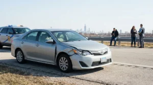 damaged Toyota sedan on highway with state trooper and civilians nearby
