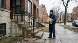postal worker carrying cardboard box on cracked sidewalk near residential building steps