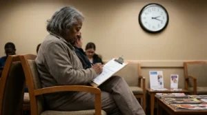elderly woman filling out clipboard form in waiting room with wall clock