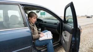 woman seated in open car door reviewing documents binder on roadside