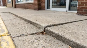 cracked and uneven concrete sidewalk slabs outside brick building storefront