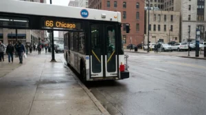 CTA Route 66 Chicago bus stopped at urban downtown street bus stop
