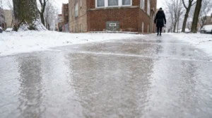 pedestrian walking on icy frozen sidewalk near brick building in winter
