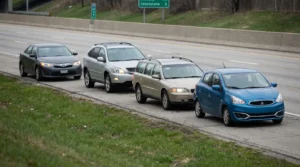 four vehicles stopped along interstate highway shoulder near green overhead sign