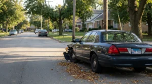 sedan with visible front-end collision damage parked on residential street
