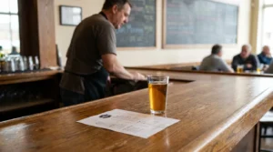 pint glass of beer and printed menu on wooden bar counter in pub