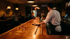 bartender wiping wooden bar counter with two whiskey glasses nearby