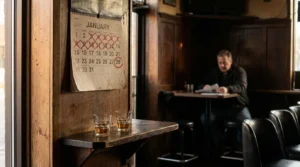 January calendar with January 28 circled, two drinks on bar ledge, man seated nearby