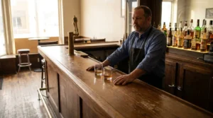 bartender in apron standing behind wooden bar with two whiskey glasses