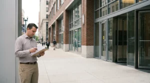 man writing on clipboard with pen outside urban office building entrance