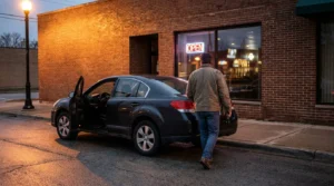 man walking toward brick building with neon Open sign beside parked sedan