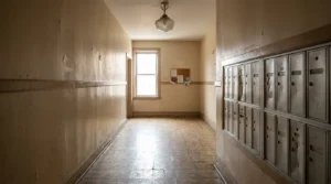 worn apartment building hallway with metal tenant mailboxes and bulletin board