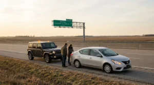 two drivers standing between Jeep SUV and sedan pulled over on highway shoulder