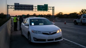 Toyota sedan with Rideshare sign stopped on highway near tow truck and workers