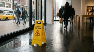 Caution Wet Floor sign on slippery retail store entrance floor near shoppers