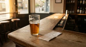 pint glass of beer and receipt resting on wooden bar counter