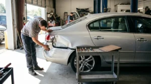 mechanic inspecting rear-end collision damage on sedan inside auto repair shop