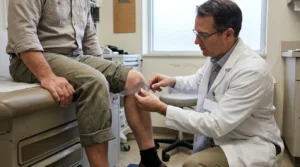 physician using goniometer to measure patient knee range of motion in clinic