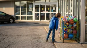 young child leaning over wire bin of balls outside retail store entrance
