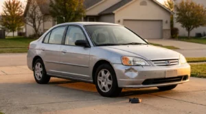 Honda Civic sedan with front bumper collision damage parked in residential driveway
