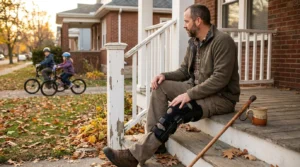 man wearing knee brace sitting on porch steps with cane nearby
