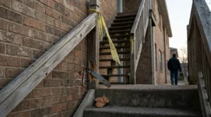 Torn caution tape tied to wooden railing outside apartment building staircase