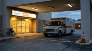 ambulance parked outside hospital Emergency Department entrance with wheelchair nearby