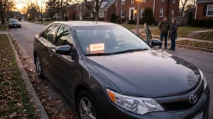 Toyota sedan parked curbside with open door as couple converse nearby