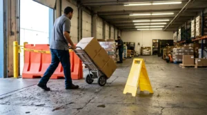 warehouse worker pushing hand truck past caution tape barriers and wet floor sign