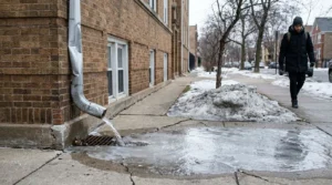building downspout draining water onto icy cracked public sidewalk near pedestrian