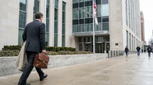 Attorney carrying leather briefcase walks toward courthouse entrance with American flag