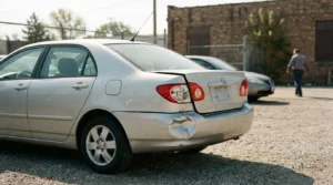 Toyota sedan with dented rear bumper parked in gravel lot after collision