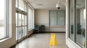 wet floor caution sign placed on tiled retail store entrance floor near shopping carts