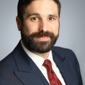 Man with dark hair and beard wearing a navy suit, white shirt, and red patterned tie, posing against a plain gray background.